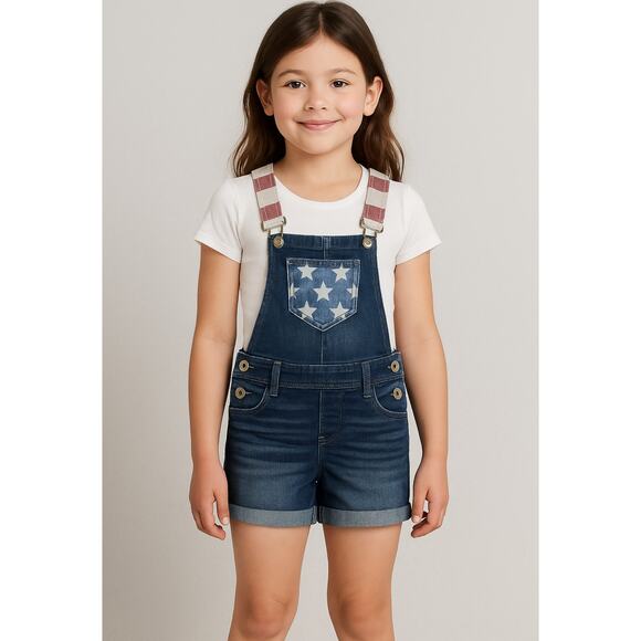 LEI Girls Stars & Stripes Denim Shortalls Overalls XS 4-5 Blue Shorts USA - Picture 1 of 14